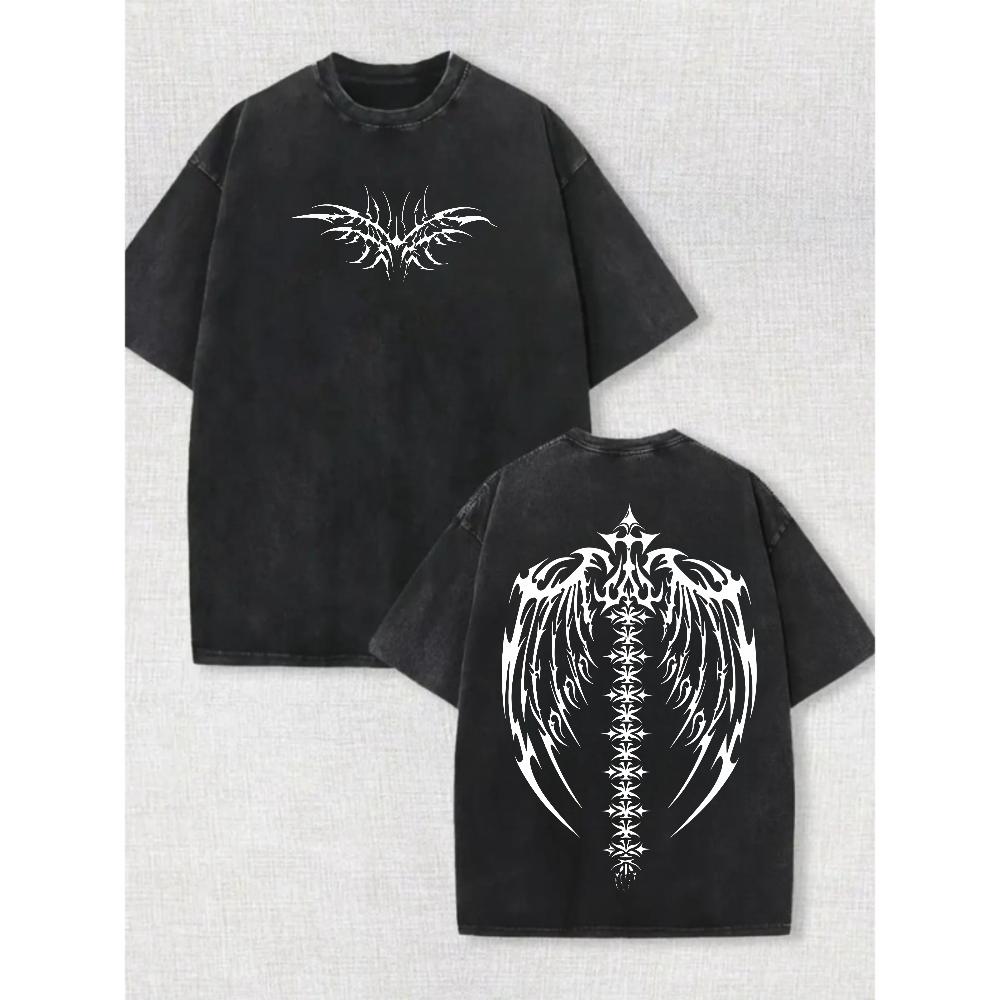 Gothic Winged Skeleton Graphic Vintage Washed Cotton T Shirt Mens Oversized Streetwear Crew Neck Short Sleeve Tee for Daily Wear Punk Rock Casual Outfit Hip Hop Y2K Retro Print Urban Style Breathable Soft Comfort Fit Edgy Aesthetic Top