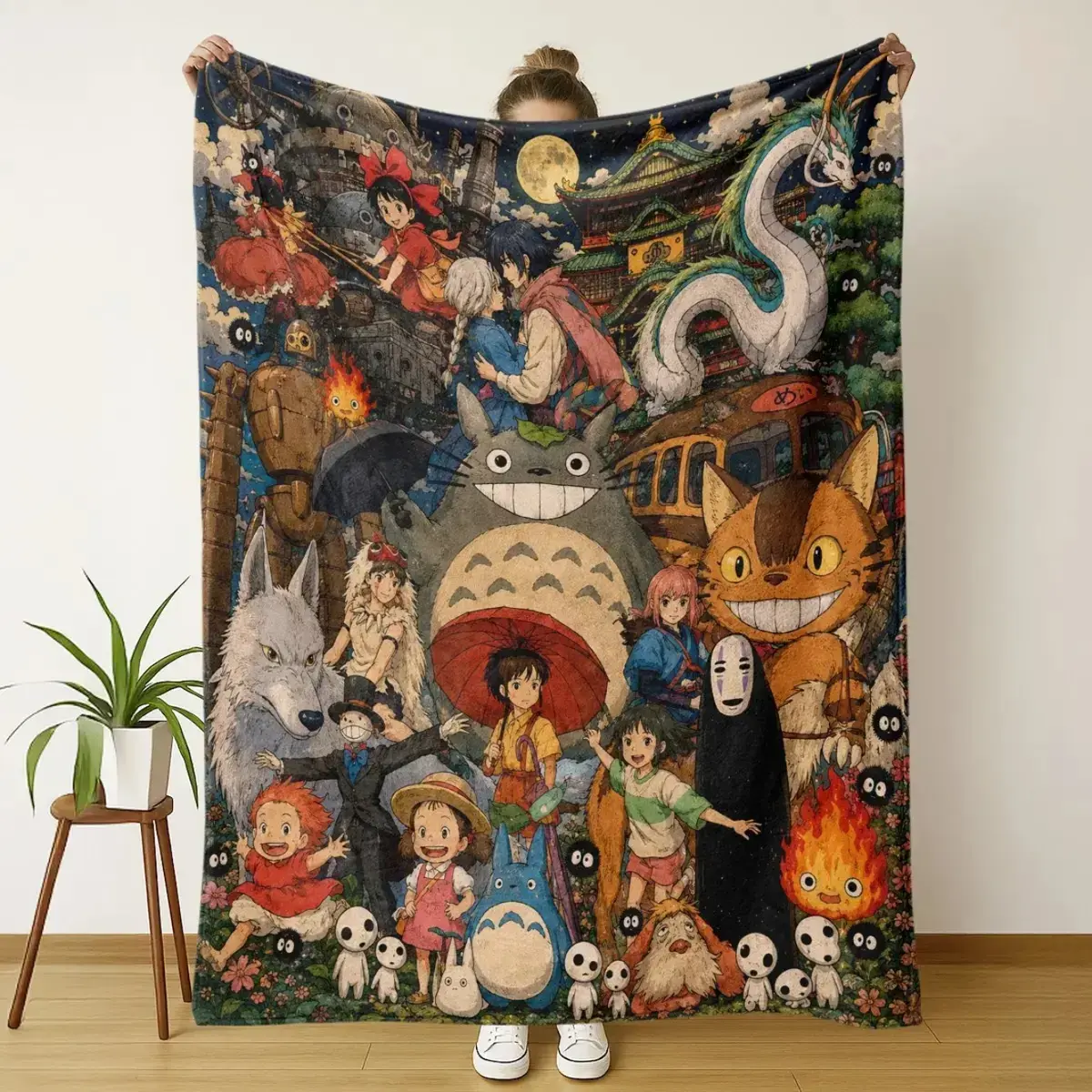 Starry-night themed blanket featuring Totoro and other characters; soft and wrinkle-resistant. Perfect for Studio Ghibli fans—ideal as bedding, cool room decor, a great home accessory, or a unique interior accent.