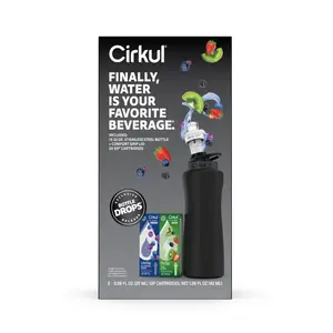 Cirkul 32oz. Matte Black Stainless Steel Water Bottle Starter Kit with Blue Lid, 2 Flavor Cartridges (1 LifeSip Blueberry Grape and 1 GoSip Kiwi Berry), Zero Calories and No Sugar Tumbler Reusable Cup Vacuum Flasks