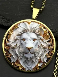 A Stylish 2D Flat Round Convex Glass Necklace Adorned with A Majestic White Lion's Head and Inlaid with Gold Floral Designs, Made of Alloy, Perfect for Valentine's Day, Anniversaries, and Thanksgiving.