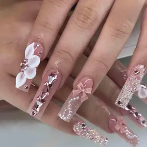 Handmade Pink Glam Press On Nails with Bow and Rhinestone Accents for Elegant Look