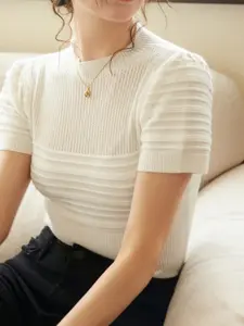 Women's Pullover Sweater Knitwear, Elegant French Style Puff Sleeves, Spring Summer Round Neck Slim Fit, Vintage Coin Pattern Design