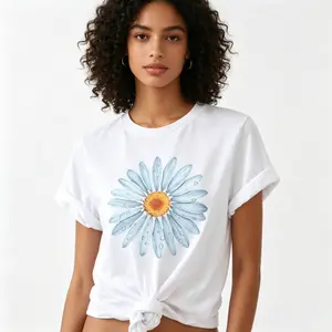 Womens Short Sleeve Graphic Tee Blue Daisy Flower Print Crewneck Casual Summer Top Soft Breathable Lightweight Everyday Vacation Beach Streetwear