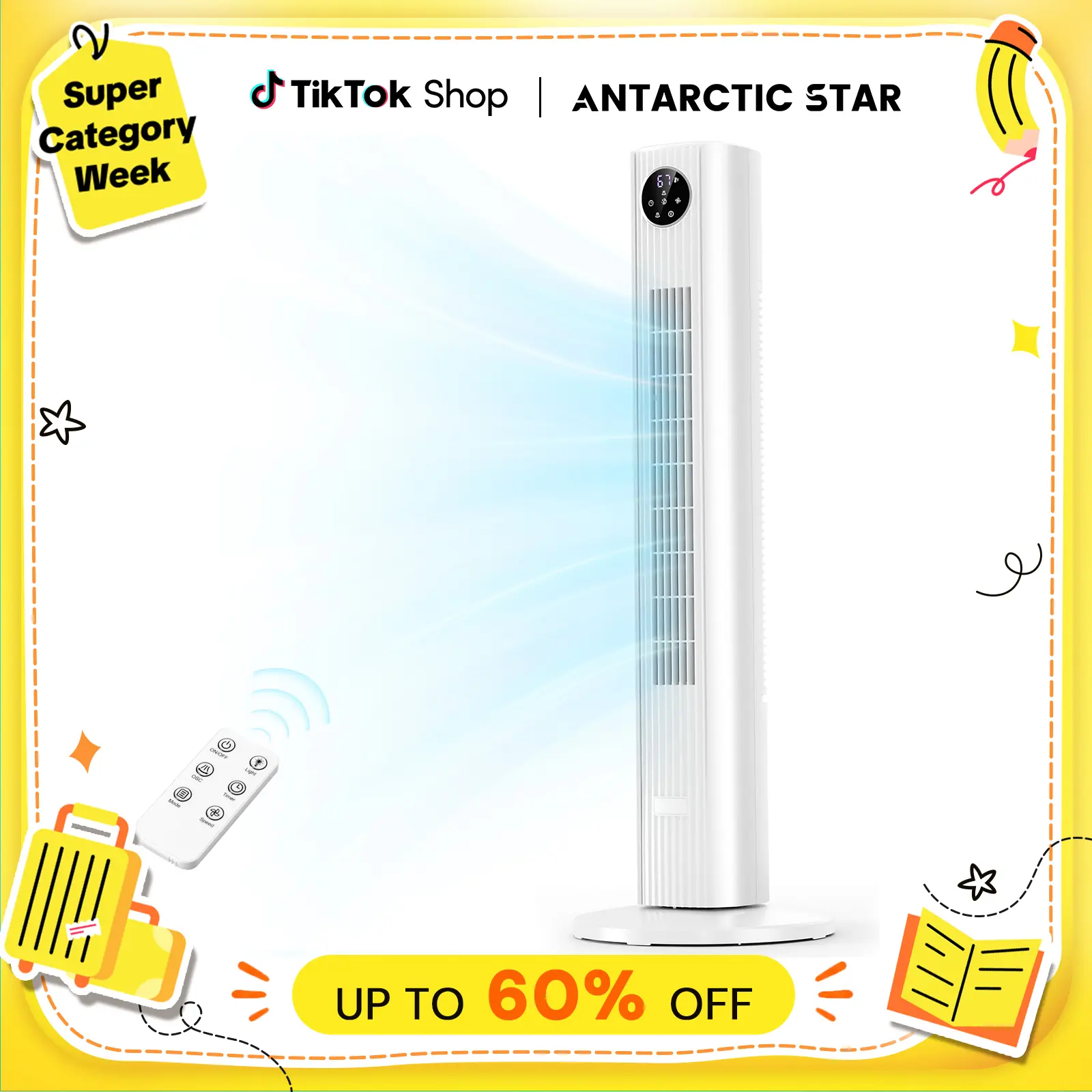 【Not Air Conditioner】Antarctic Star Tower Fan Portable Electric 85° Oscillating Fan with Remote Control, Quiet Operation, 3 Speed Settings & 12H Timer, Bladeless Standing Floor Fan for Bedroom & Office tiktokshopbacktoschool