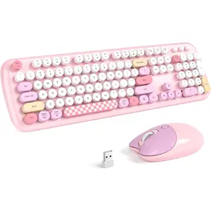 Retro  Keyboard and  Combo,  Full-Size Office Typewriter Keyboard with Round Colorful Keycaps, 2.4G Cute Quiet  for Windows PC, , Office, and College -