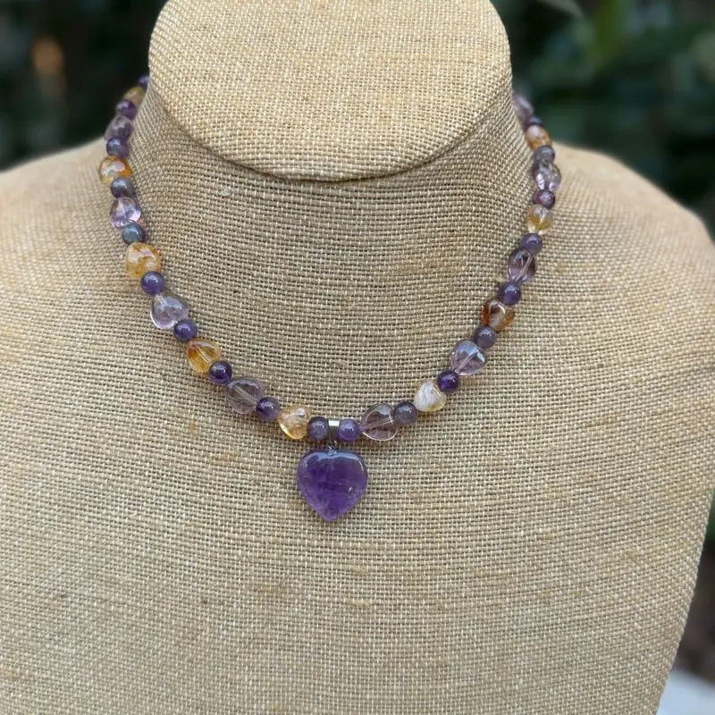 Ametrine Gemstone Necklace with Heart Charm - Purple and yellow
