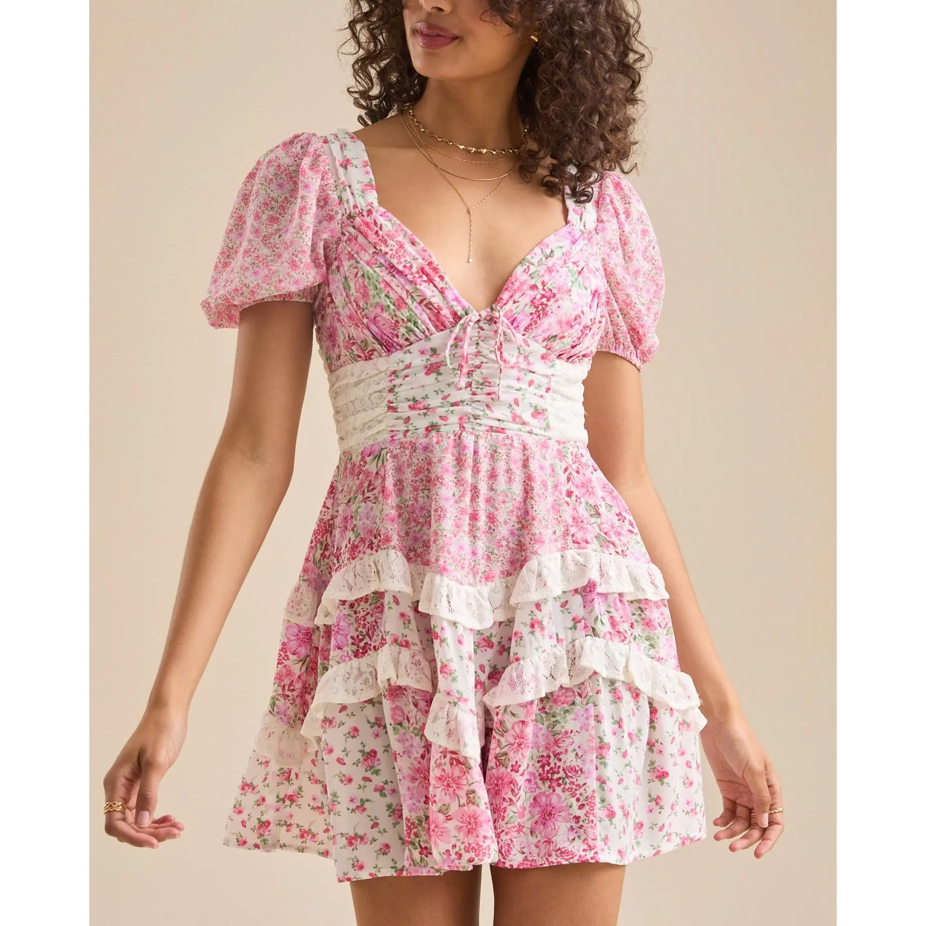 Women's Pink Floral Puff Sleeve Mini Dress - Deep V Neck, Lace Corset Waist, Tiered Ruffle Hem, A-Line Short Dress for Summer Casual, Party, Wedding Guest, Cottagecore Style