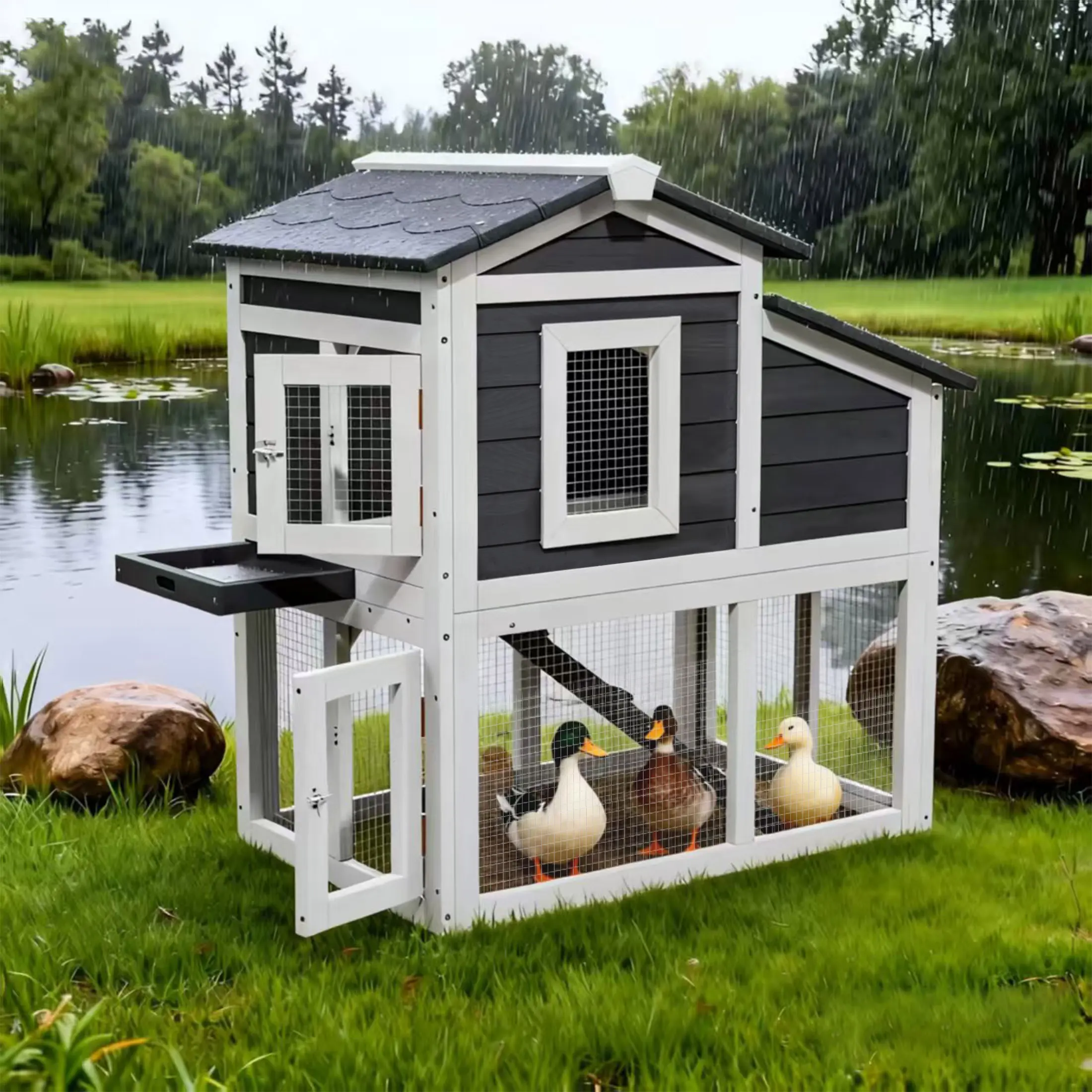 Outdoor 2 Story Wooden Duck Coop with Weatherproof Brooder and Wire Mesh for 2-3 Ducks, Black with White