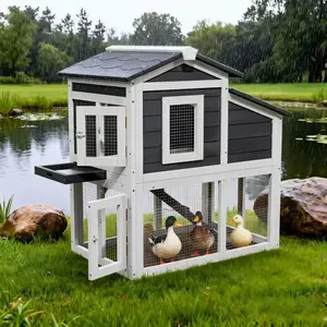 Outdoor 2 Story Wooden Duck Coop with Weatherproof Brooder and Wire Mesh for 2-3 Ducks, Black with White