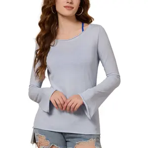 FAIABLE Women's Bell Long Sleeve Shirt - US Shipping, Boat Neck, Slim Fit, Casual Going Out Top