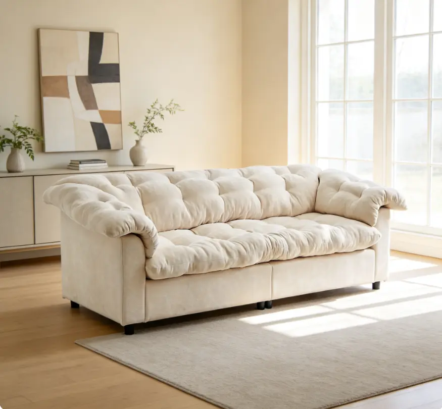 94.8-Inch Beige Chenille Cloud Deep Seat Sofa, Modern Fluffy Oversized Upholstered Lounge Couch, Viral Neutral Living Room Bedroom Furnishing