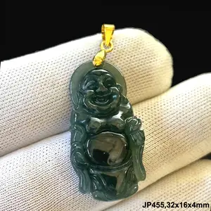 Natural Green Jade Jadeite Pendant 'The Buddha Happy', Free Necklace