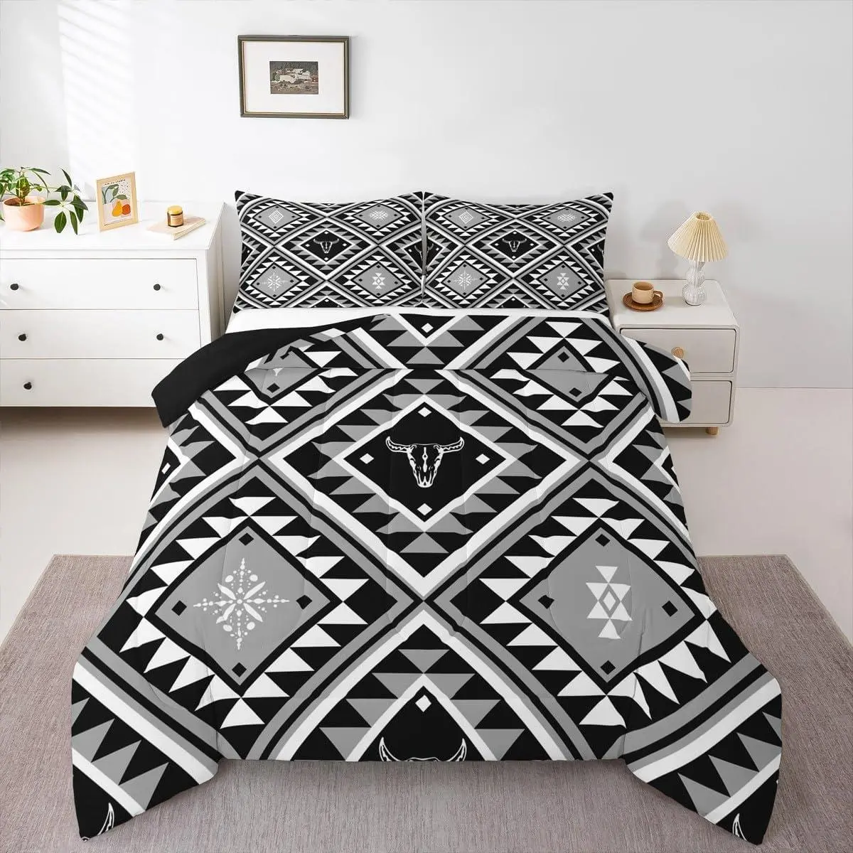 Feelyou Queen Size Breathable Comforter Set - Western Rustic Southwestern Bedding with Bohemian Ethnic Bull Skull, Geometric Diamond Quilt Design, Farmhouse Mexican Black White Duvet Insert (Toddler-Friendly Option Available), Western Decor, Boho Bedroom,