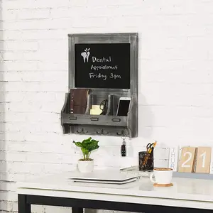 Graywashed Wood Wall-Mounted Entryway Organizer Rack with Key Hooks, Storage Slots and Chalkboard