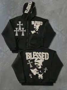 Printed Zipper Hoodie with Blessed Cross and Figure Pattern, Loose Hooded Sweatshirt for Daily Wear and Home Casual Style Tops