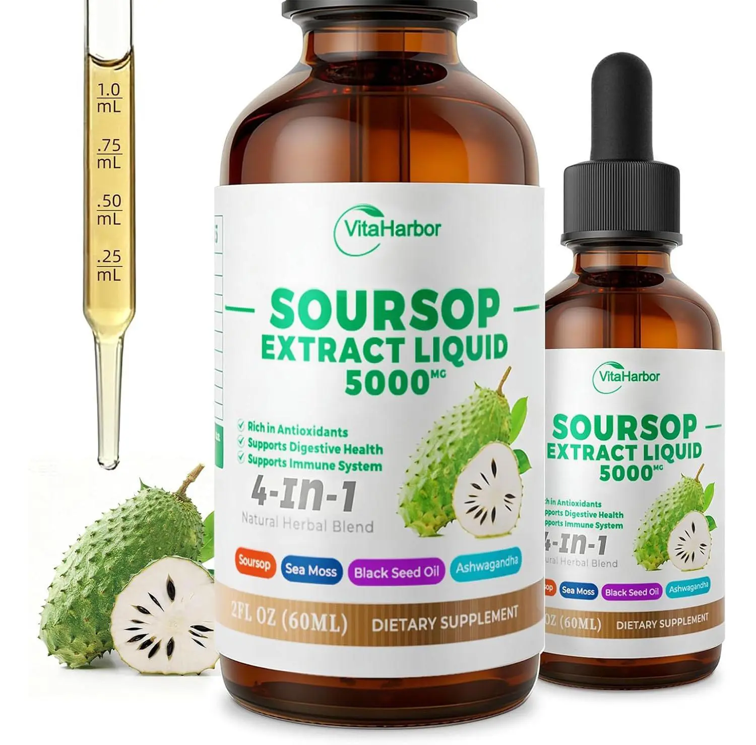 4-in-1 Soursop Bitters Liquid, Soursop Oil with Sea Moss & Black Seed Oil & Ashwagandha, for Immune & Digestive & Cell Support, Sugar-Free | Non-GMO | Vegan (2 Fl oz) Slightly Sweet Flavor