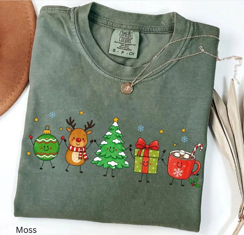 Comfort Colors Christmas Doodle Shirt, Whimsical Holiday Characters Tee, Retro Xmas Family Graphic T-Shirt, Cute Winter Outfit, Christmas Gift