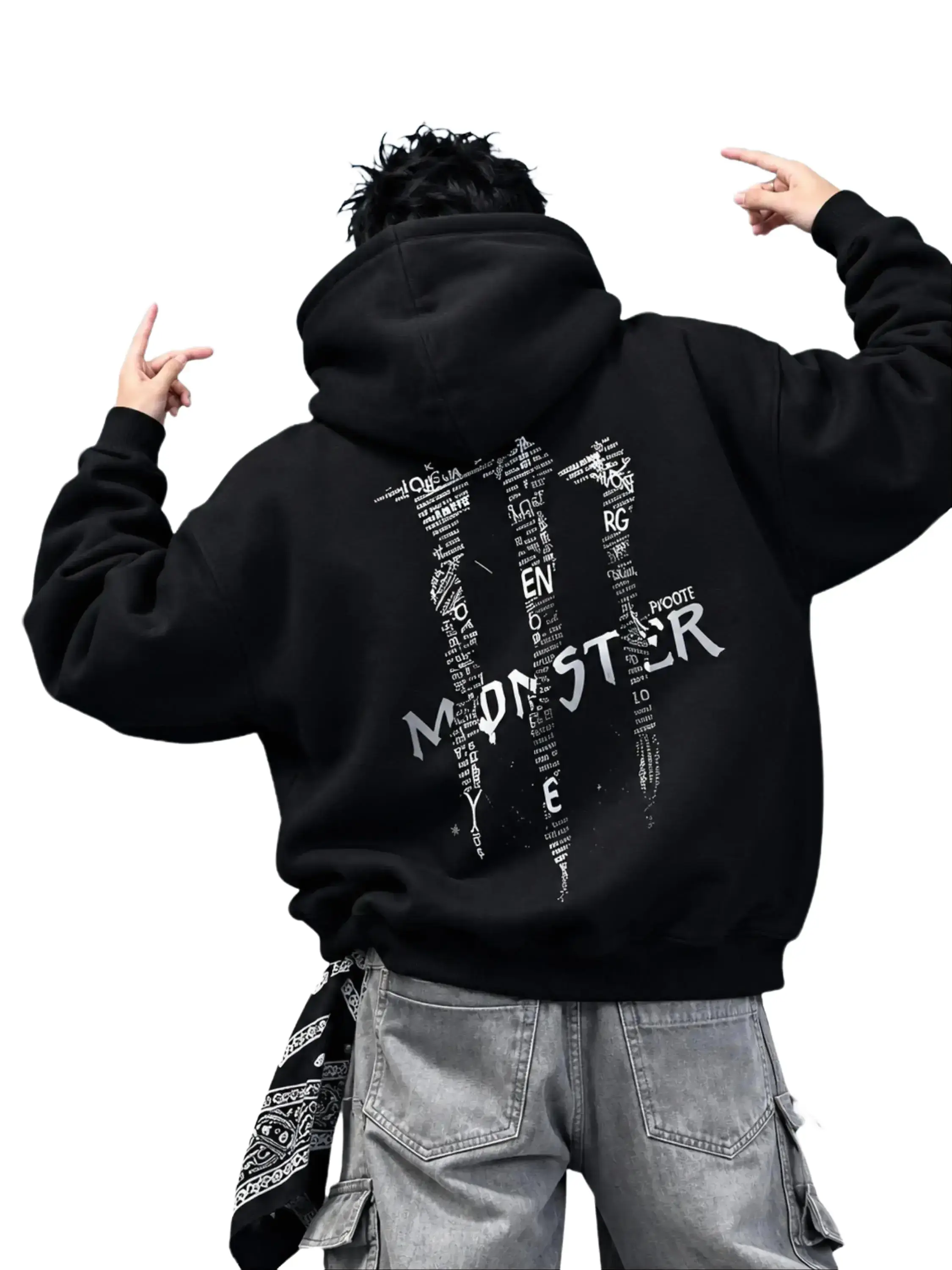 Gildan Monster Text Patchwork Graphic Hoodie T-Shirt Sweatshirt– Y2K Aesthetic Streetwear, Heavyweight Fleece Style for Men & Women Casual Black
