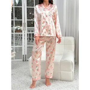 Sweet peach pajamas ladies imitation silk long-sleeved trousers home wear suit for fall/ winter