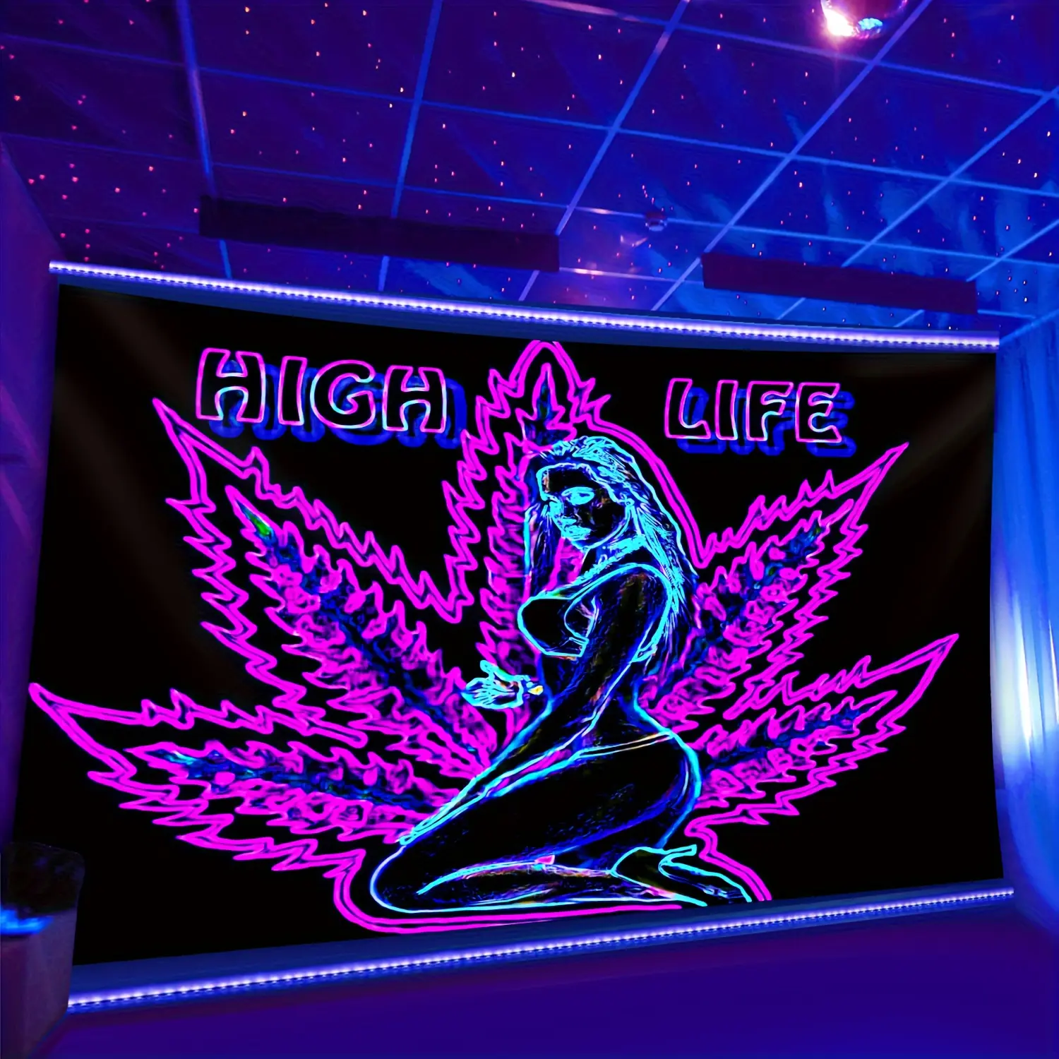 1-Piece Luminous Neon Glow Fluorescent Leaf Pattern Polyester Wall Tapestry - Durable Decorative Home Supplies, Wrinkle Resistant, Color Stays Bright, Hand-stitched Edge, Living Room Wall Hanging, Festival Setup with Free Installation Package