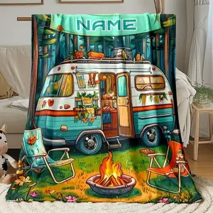 Personalized Vintage Camper Blanket - Custom Name/Text & Bonfire Design Suitable for Sofa, Bed, Travel, Camping - Lightweight All-Season Soft Warm Machine Washable Indoor/Outdoor Blanket with Retro Camping Theme for &
