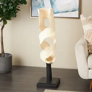 Abstract Cream Teak Wood Handmade Live Edge Intertwined Decorative Sculpture with Black Square Base