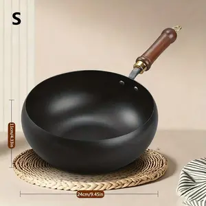 Non-Coating Healthy Cast Iron Wok - Traditional Handmade Round Bottom Wok with Lid, Nonstick Small Flat Bottom Cookware for Household Stir-frying seasoned  wok Stove