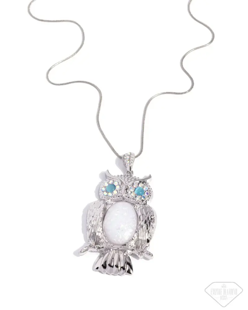 Nobly Nocturnal Short Daily Multi-Pendant Costume Jewelry Necklace - Shimmery White Owl Pendant with Iridescent Eyes, Rhinestone-Dotted Leaf Bail on Silver Snake Chain