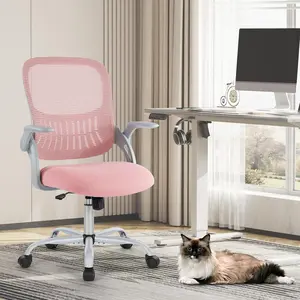 Office Computer Desk Chair, Ergonomic Mid-Back Mesh Rolling Work Swivel Task Chairs with Wheels, Comfortable Lumbar Support, Comfy Flip-up Arms for Home, Bedroom, Study, Student, Pink comfortable lumbar