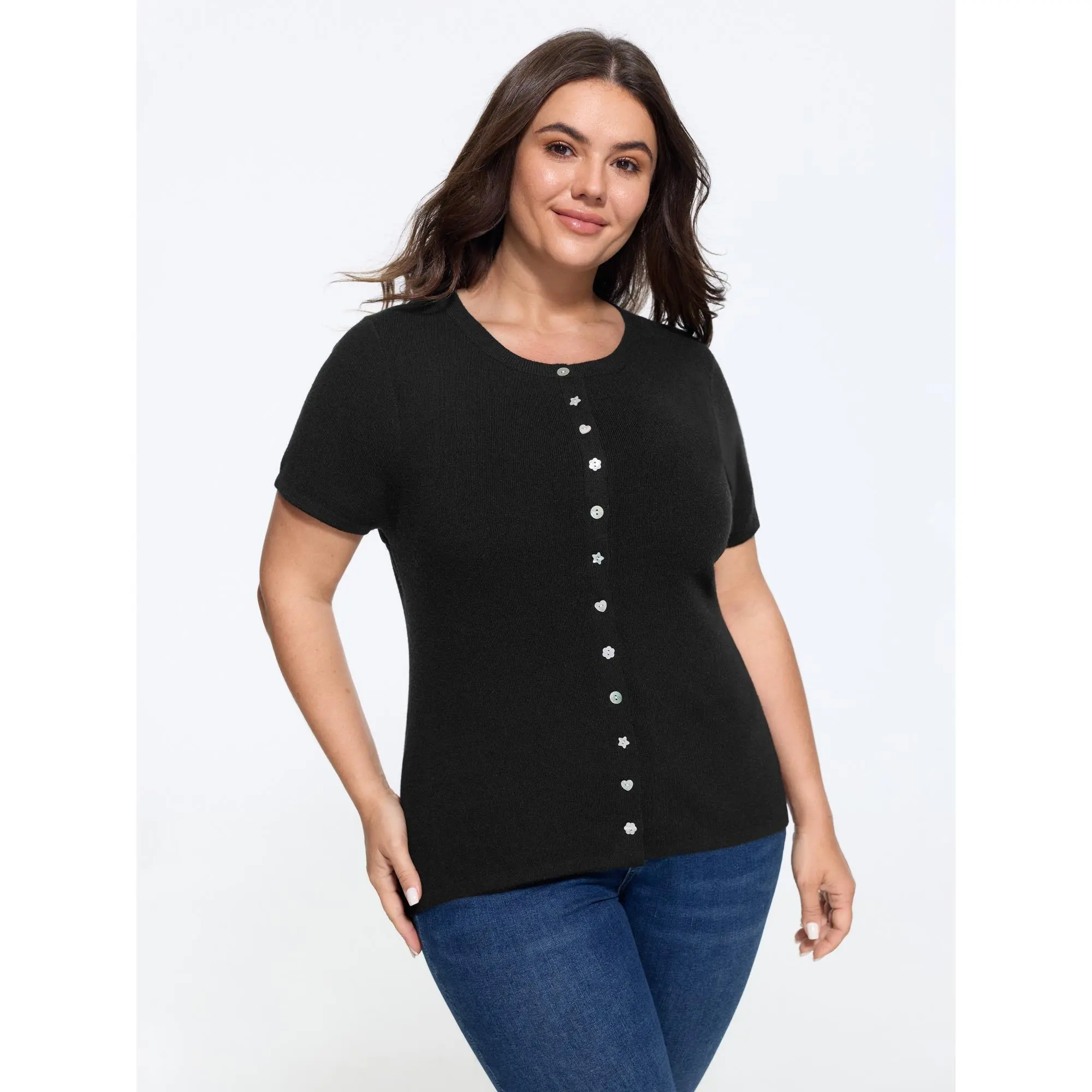 BLOOMCHIC Women's Plus Size Textured Knit Crew Neck Button Front Cardigan - Short Sleeves, Nylon Fabric, Flattering Fit, Casual Wear Tops [M-6X] 2026 Summer Garment