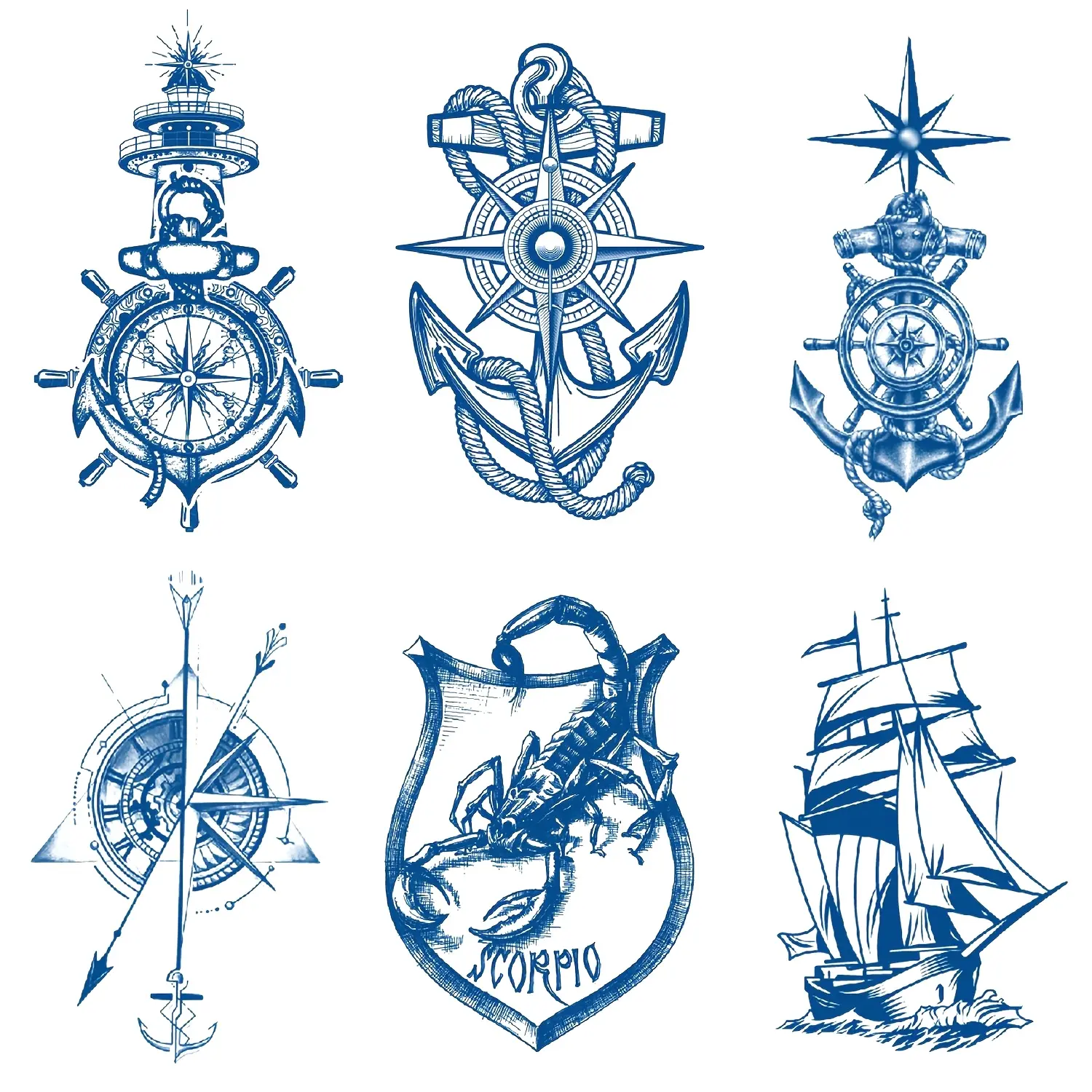 3 Sheets of Herbal Juice Semi-Permanent Tattoos, Waterproof and Sweat-Proof Body Art Stickers with Assorted Nautical Anchor Designs, Assorted Temporary Tattoos, Nontoxic Temporary Tattoos