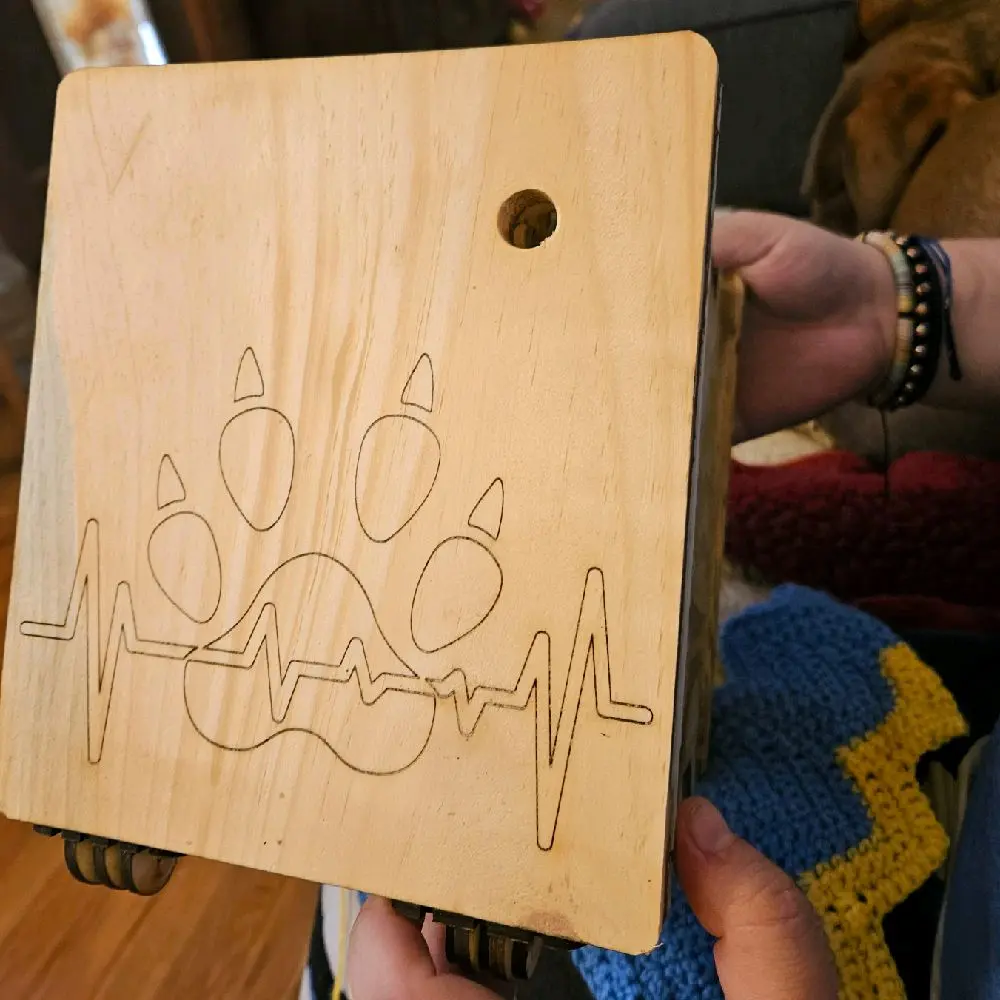 Yarn Box for Crochet or Knit with Unique Heartbeat Design on Wooden Surface Featuring Fox Images on Sides