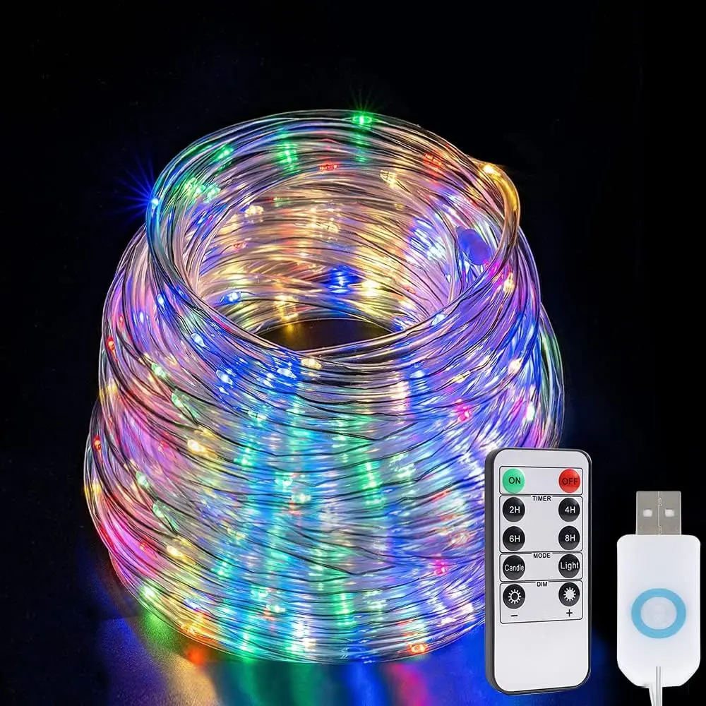 Multi-Colored LED Rope Tube Lights, 66ft 200LED USB Plug-in with Remote, 8-Mode Waterproof Winkle Firefly for Home Party Garden Decor