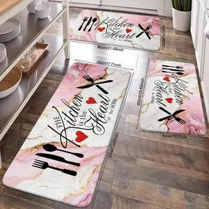 1/2/3 PCS Pink Marble, Heart-Shaped Knife And Fork Pattern Absorbent Kitchen Mat, High-End Printed Kitchen Soft And Comfortable Standing Mat Anti-Slip, Durable  Suitable For Bathroom Door, Kitchen, Dining Room, Coffee Shop Living Room, Bedroom