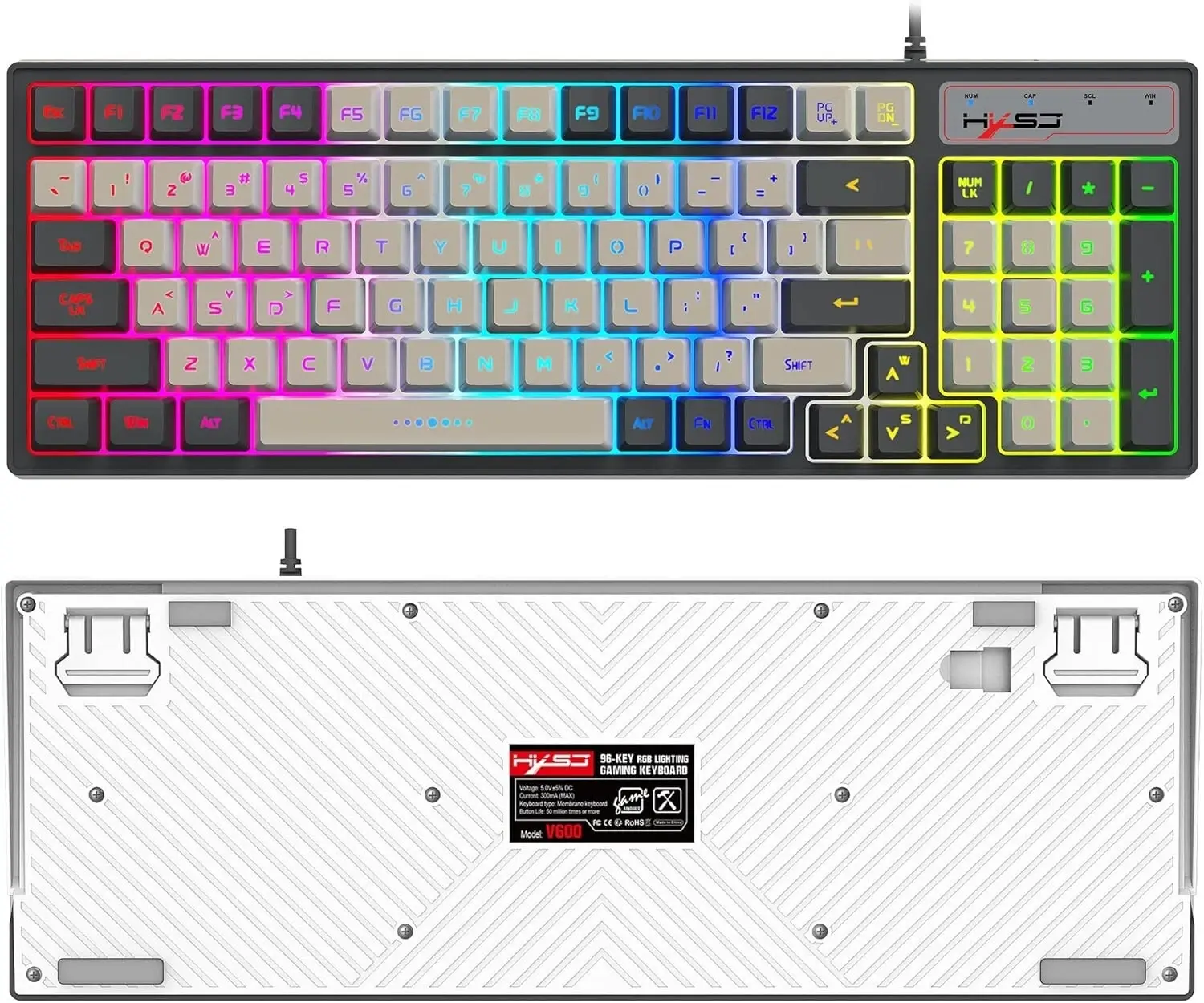 HXSJ V600 96-Key RGB Gaming Keyboard - Compact and Ergonomic 80% Layout, Floating Keycaps, Curved Design, Multi-Function FN Shortcuts for PC/Laptop Setup