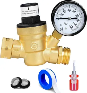 RV Water  Regulator, Brass  Adjustable Water  Reducer with  Gauge, includes 2-in-1 , 2 Strainers,  Tape for RV Camper and Travel Trailer, Yard.