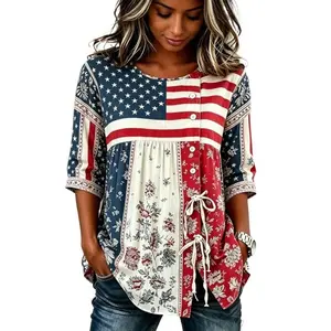 Women's American Flag Patriotic Floral Patchwork Blouse Half Sleeve Button Lace Up Shirt Casual Loose Tops