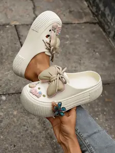 Women's Cute Cartoon Bowknot Design Clogs, Round Toe Slippers, Casual Comfortable Non-Slip Clogs for Summer, Lightweight Breathable Shoes for Beach & Outdoor Wear