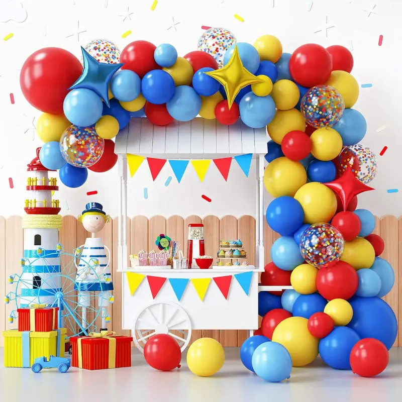 Circus Balloon Garland Arch Kit, 120pcs Red Blue Yellow Primary Color Balloons Rainbow Multicolor Confetti and Star Foil Balloons for Birthday Party Carnival Theme Decorations