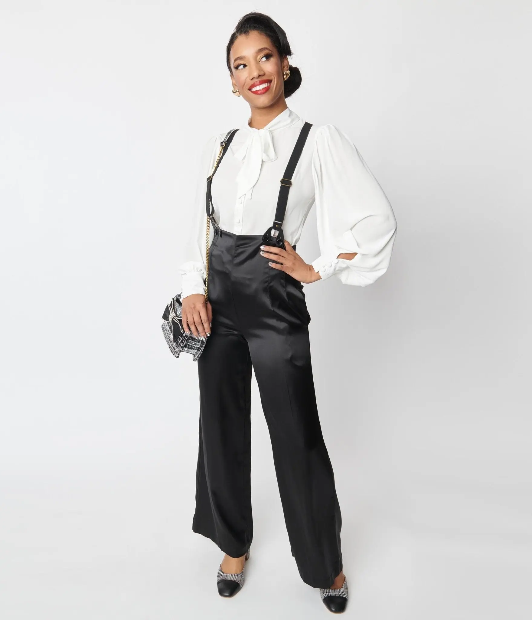 Unique Vintage Black Satin High Waist Suspender Pants - TikTok Shop