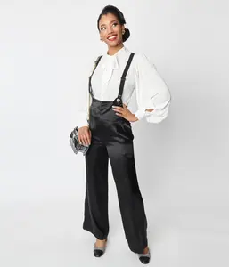 Unique Vintage Black Satin High Waist Suspender Pants