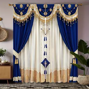 Luxurious Blue Gold Curtains Set, Semi-Transparent Drapes with Rod Pocket, Ideal for Bedroom Office Living Room Decor