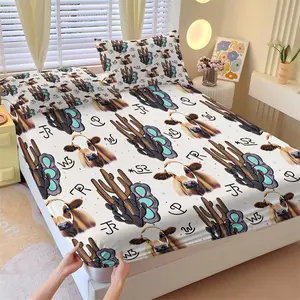 Western Ranch Fitted Sheet Set and 2 Pillowcases No Core, Calf Head, Cactus, Western Style Horseshoe Print Letter Elements Design, Soft Non-Slip Wrinkle Resistant, Country Style Bedroom Decor Gift Choice