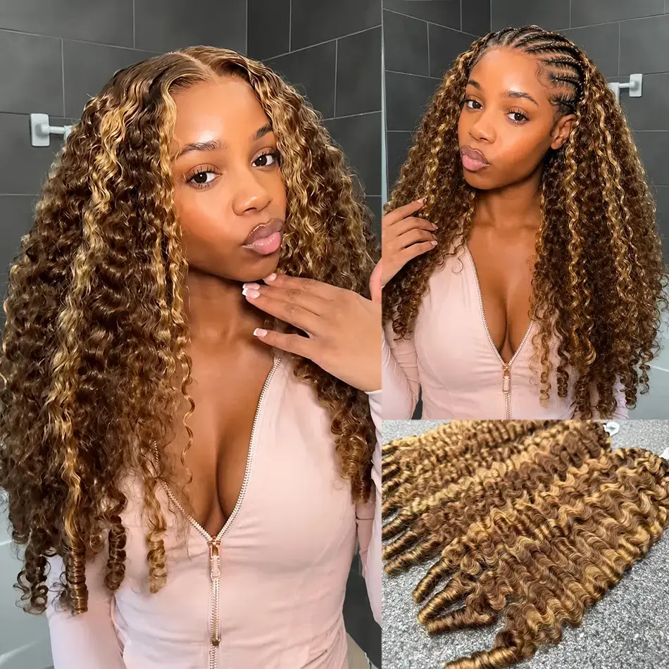 Bling Hair Pre-Separated Pre Looped Feather Crochet Human Hair 4/27 Ombre Highlight Burmese Curly Lightweight Reusable Miracle Knots 3C 4A Human Hair Extensions