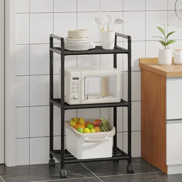 This 3-tier rolling black metal kitchen storage rack features raised guardrails, lockable universal wheels and open mesh shelves, perfect for storing microwaves, tableware, fruits and kitchen gadgets to save counter space