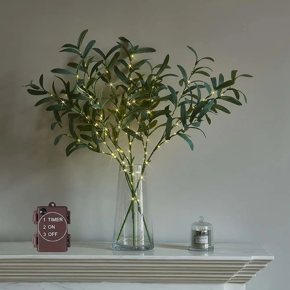 24in Battery-Powered Lighted Olive Branch Fairy Lights - 72 LED Decor with Timer, Artificial Greenery, Batteries Included, All-Season Indoor Centerpiece Decor for Valentine’s Day, Theme Party, Baby Shower