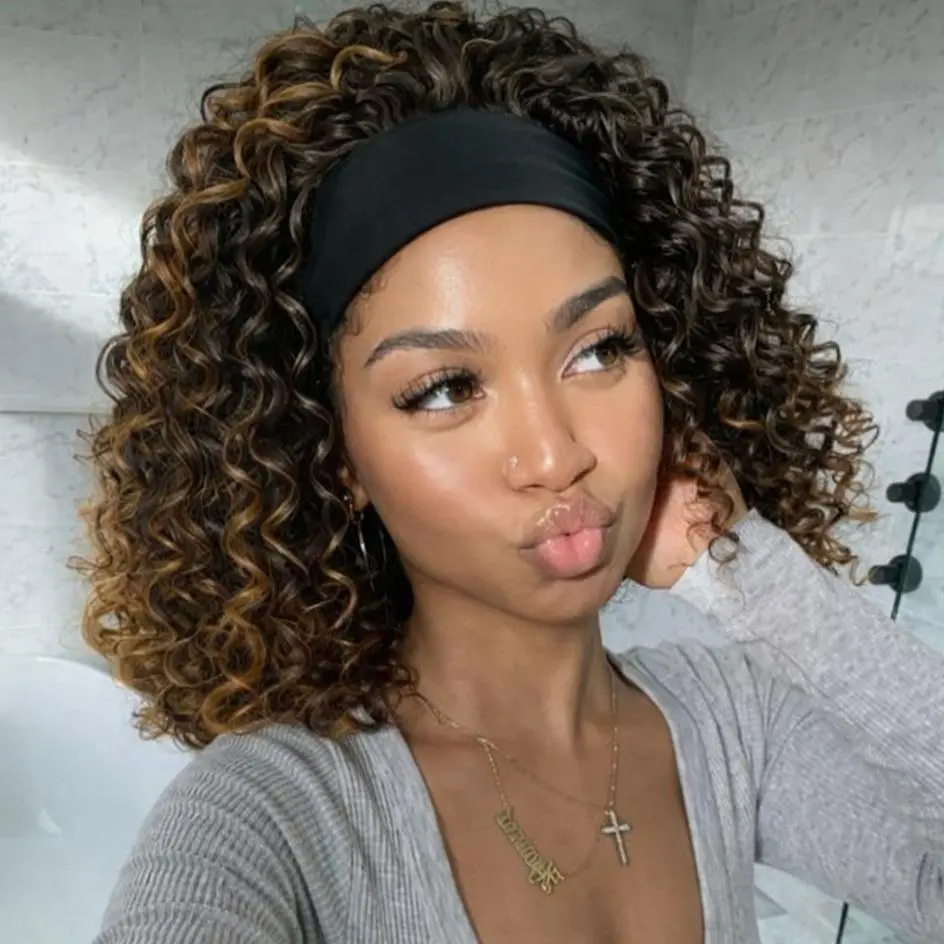 VOSILK Headband Wig Sythetic Hair Headband Wig Deep Wave Hair Wigs for Black Women Glueless Hair Wigs Machine Made  No Lace Deep Headband Wig 14 inch Synthetic Curly Wigs Soft Curly Wig