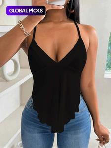 women's plain lace up backless asymmetrical hem cami top, casual sleeveless v neck top for summer, ladies clothes for daily wear