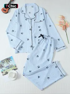 Women's Striped Bow Print Long Sleeve Pajama Set, Sweet Cute Button Front Top and Pants, Casual Home Wear for All Seasons