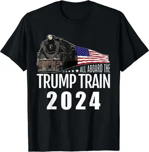 All Aboard the Trump Train 2024 American Flag T-Shirt, Unisex Cotton T-shirt